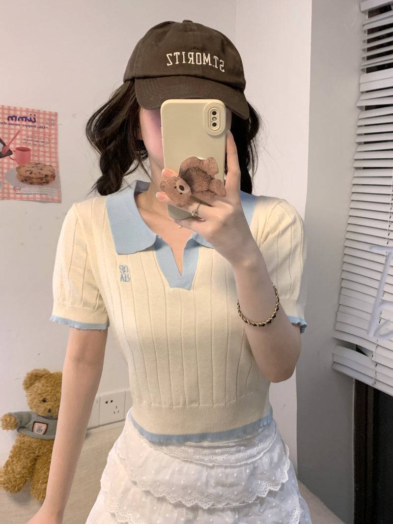 Korean polo collar knit top, pink ribbed short sleeve tee, slim fit embroidered summer shirt, preppy style OOTDAY fashion