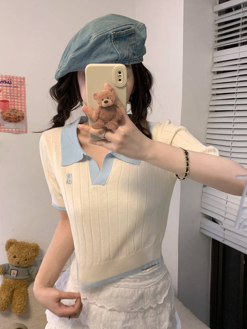 Korean polo collar knit top, pink ribbed short sleeve tee, slim fit embroidered summer shirt, preppy style OOTDAY fashion
