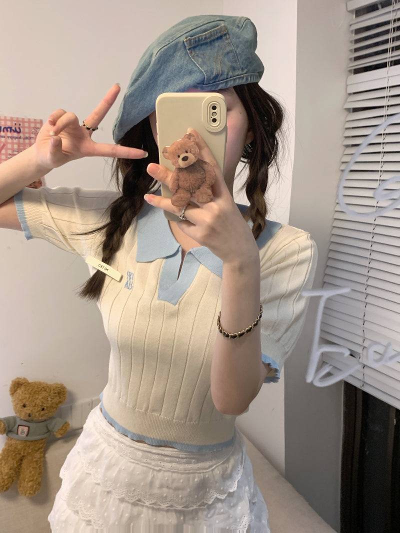 Korean polo collar knit top, pink ribbed short sleeve tee, slim fit embroidered summer shirt, preppy style OOTDAY fashion