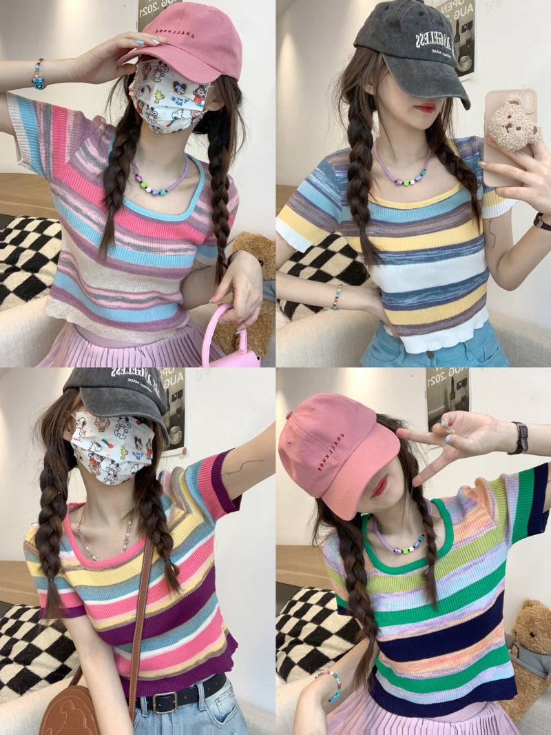 Striped knit cropped top, slim fit colorful tee, pastel summer shirt for girls, Korean sweet style fashion by OOTDAY