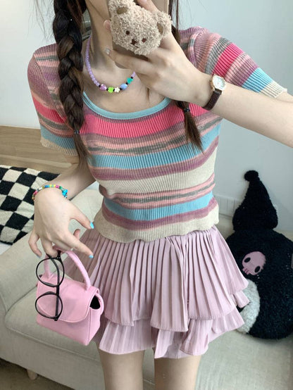 Striped knit cropped top, slim fit colorful tee, pastel summer shirt for girls, Korean sweet style fashion by OOTDAY