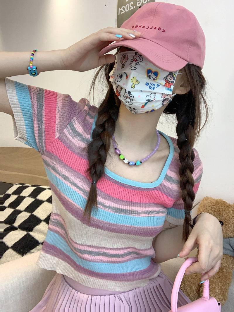Striped knit cropped top, slim fit colorful tee, pastel summer shirt for girls, Korean sweet style fashion by OOTDAY
