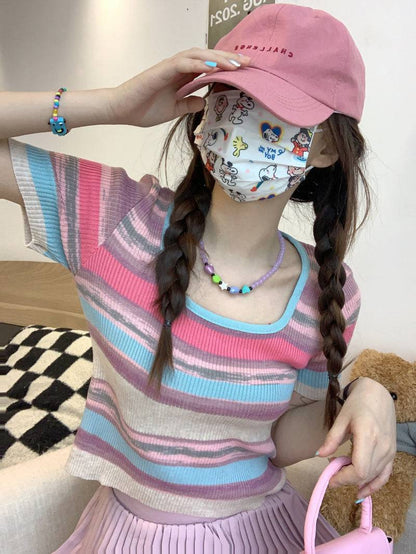 Striped knit cropped top, slim fit colorful tee, pastel summer shirt for girls, Korean sweet style fashion by OOTDAY
