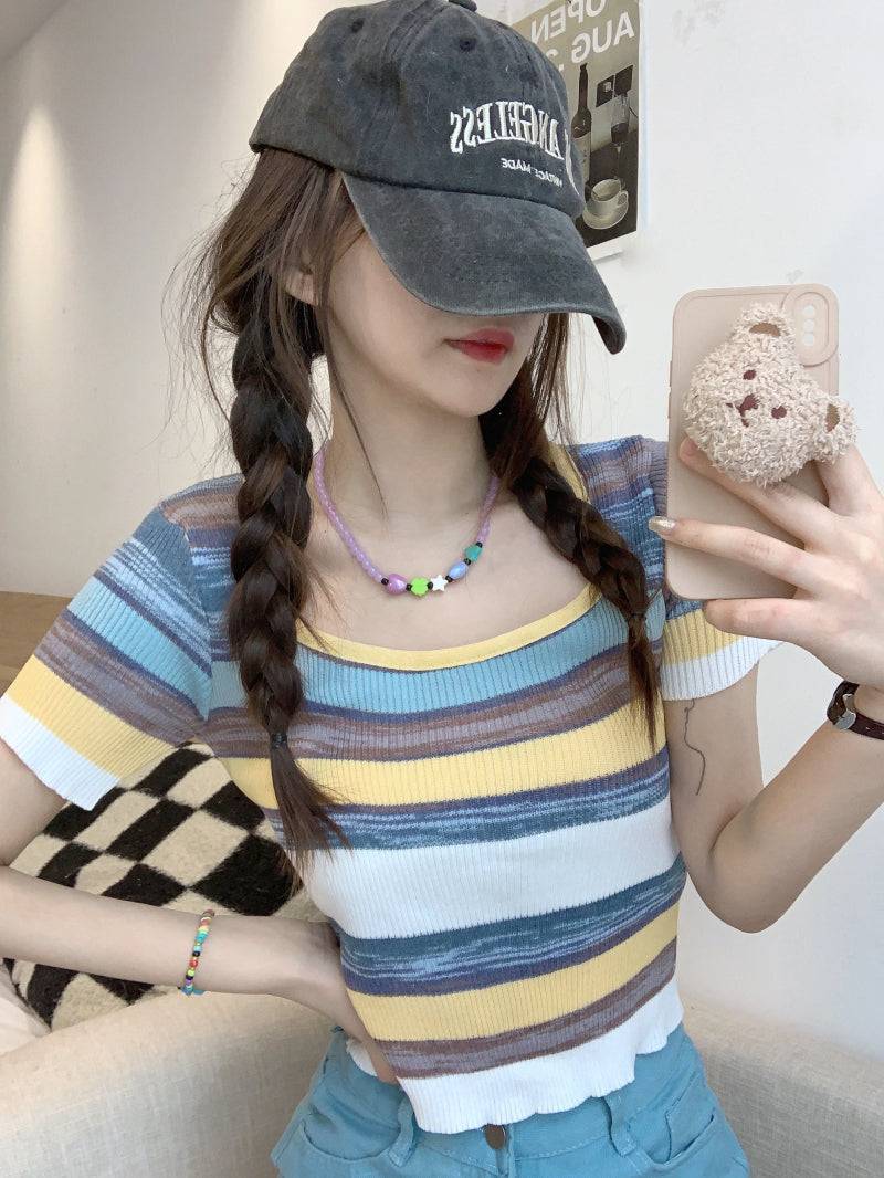 Striped knit cropped top, slim fit colorful tee, pastel summer shirt for girls, Korean sweet style fashion by OOTDAY