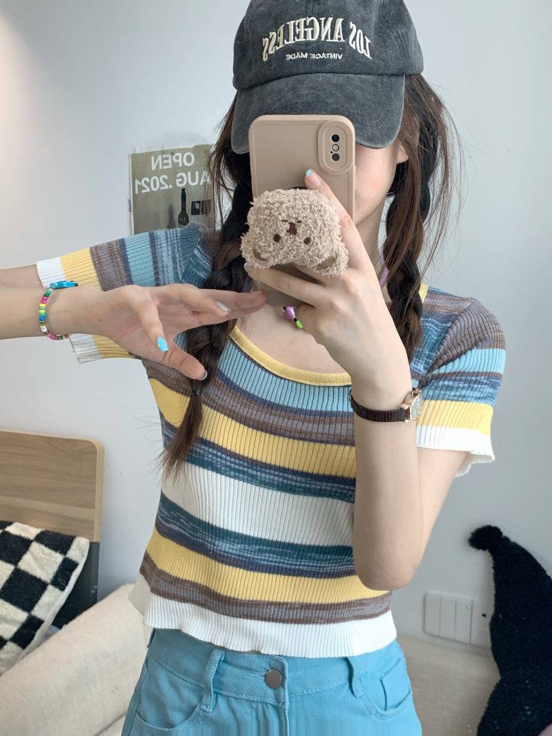Striped knit cropped top, slim fit colorful tee, pastel summer shirt for girls, Korean sweet style fashion by OOTDAY
