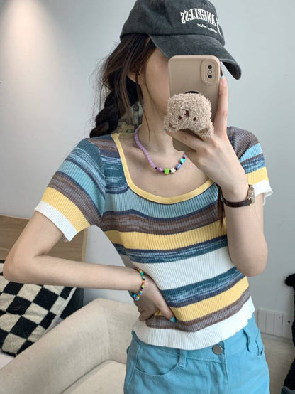 Striped knit cropped top, slim fit colorful tee, pastel summer shirt for girls, Korean sweet style fashion by OOTDAY