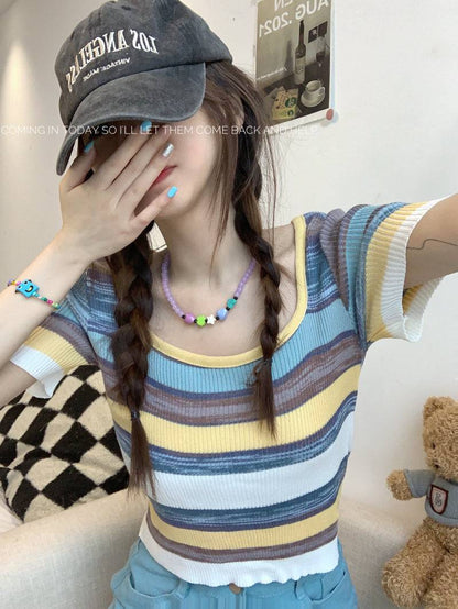Striped knit cropped top, slim fit colorful tee, pastel summer shirt for girls, Korean sweet style fashion by OOTDAY