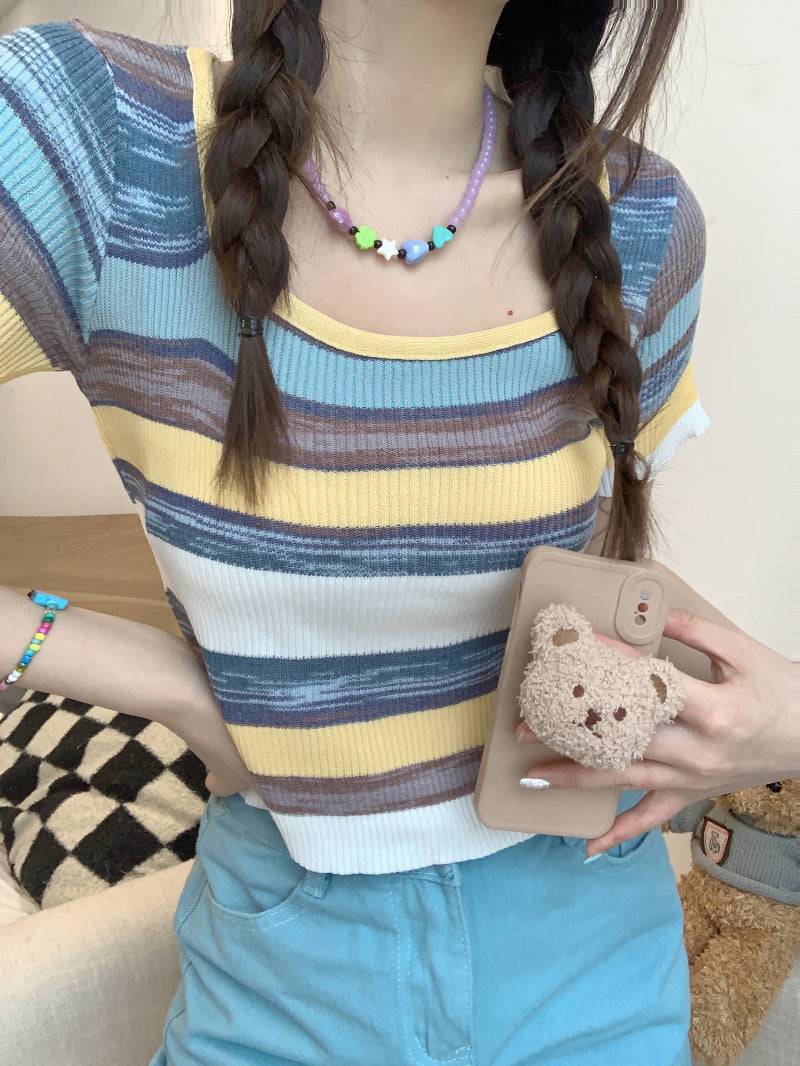 Striped knit cropped top, slim fit colorful tee, pastel summer shirt for girls, Korean sweet style fashion by OOTDAY