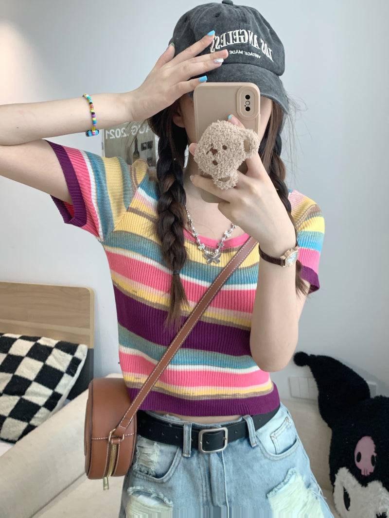 Striped knit cropped top, slim fit colorful tee, pastel summer shirt for girls, Korean sweet style fashion by OOTDAY