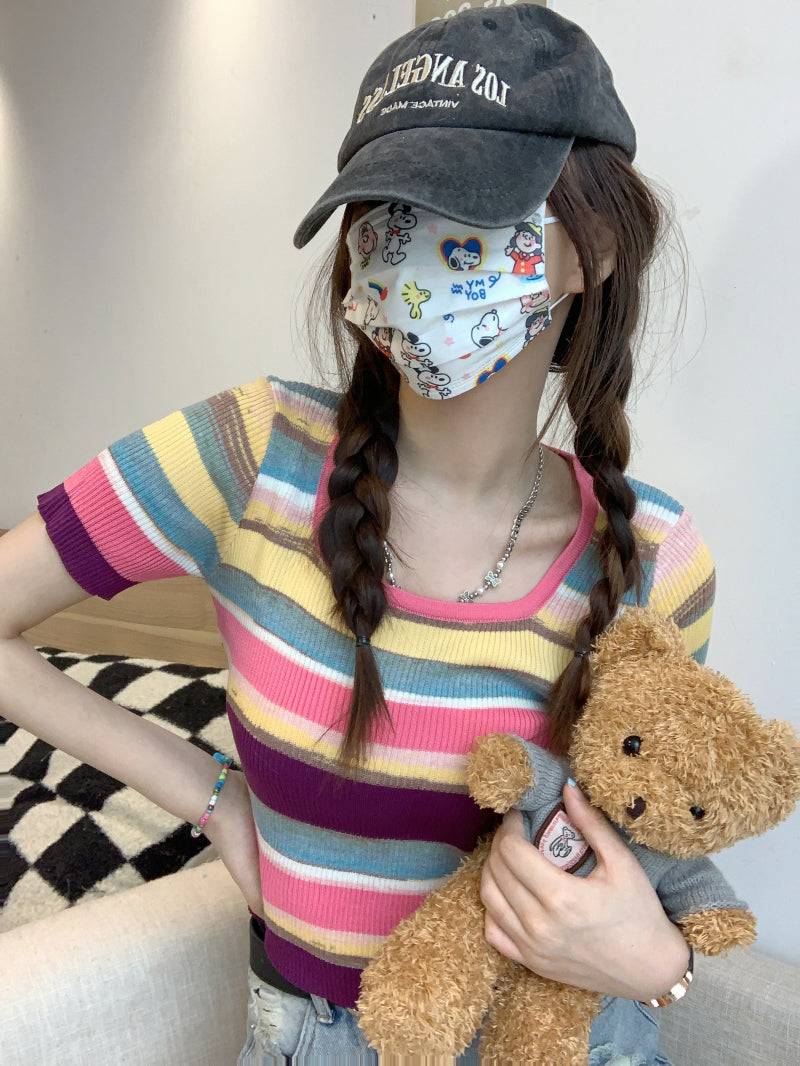 Striped knit cropped top, slim fit colorful tee, pastel summer shirt for girls, Korean sweet style fashion by OOTDAY