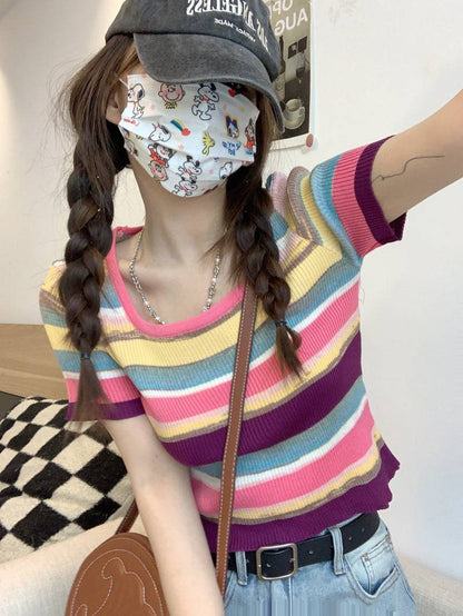 Striped knit cropped top, slim fit colorful tee, pastel summer shirt for girls, Korean sweet style fashion by OOTDAY