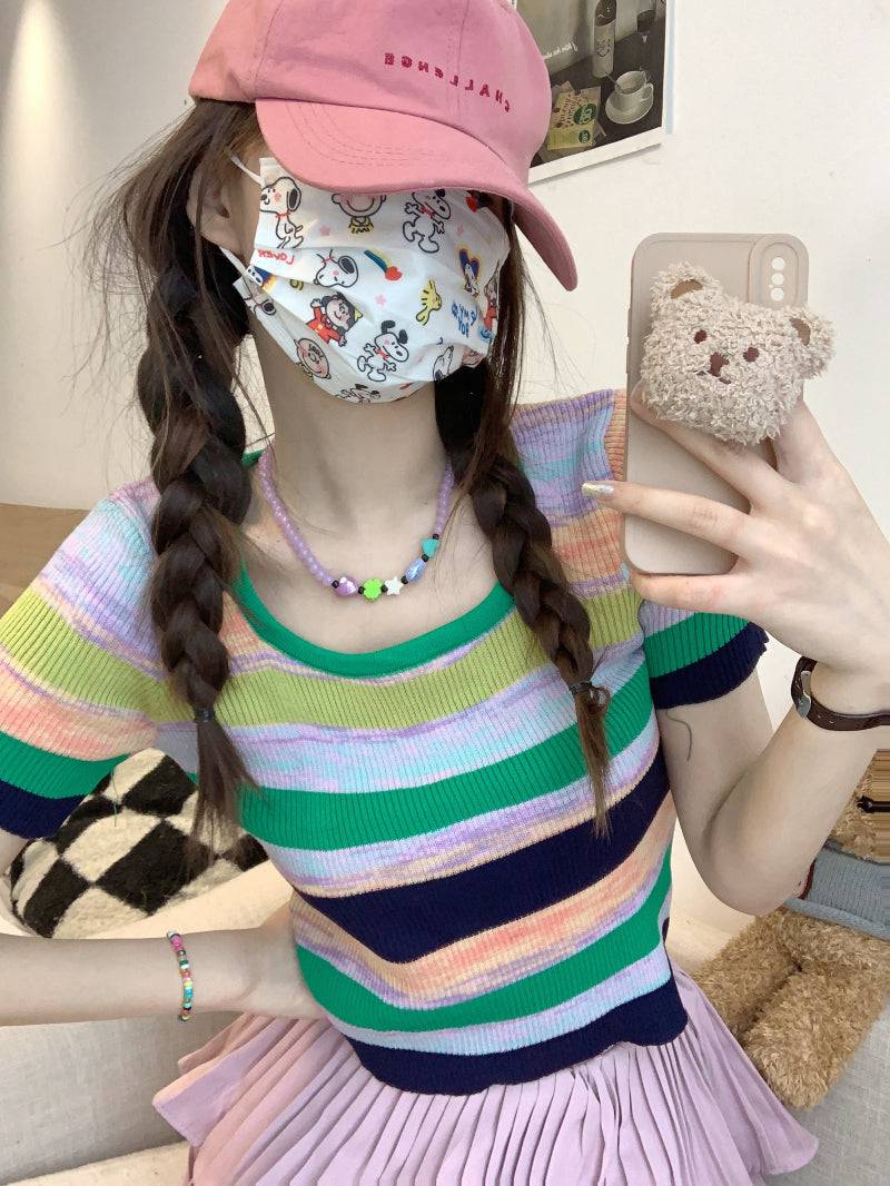Striped knit cropped top, slim fit colorful tee, pastel summer shirt for girls, Korean sweet style fashion by OOTDAY