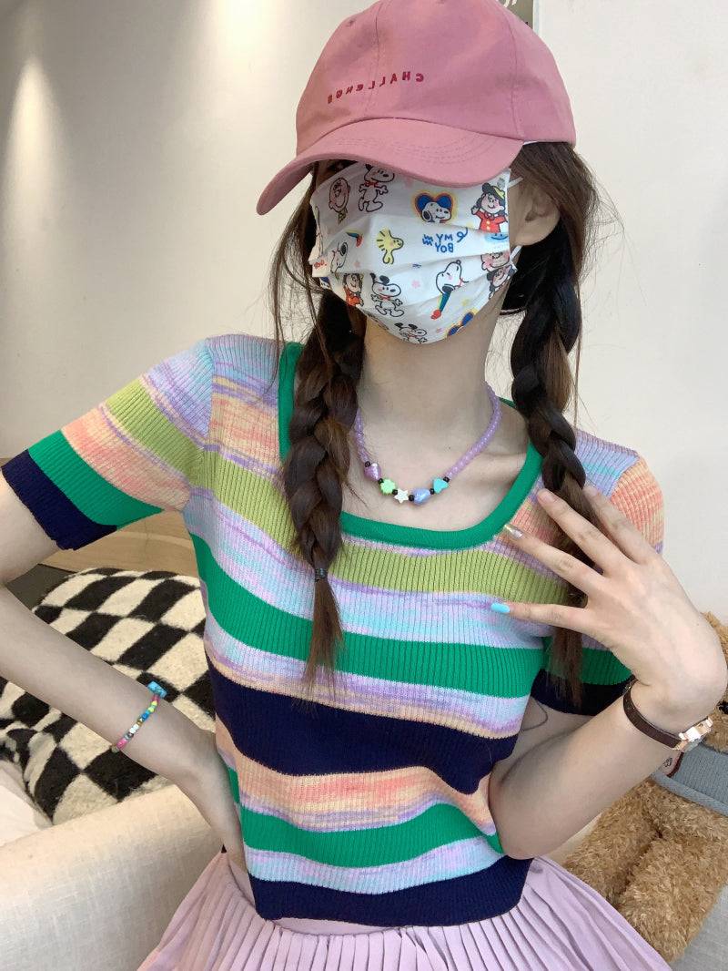 Striped knit cropped top, slim fit colorful tee, pastel summer shirt for girls, Korean sweet style fashion by OOTDAY