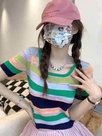 Striped knit cropped top, slim fit colorful tee, pastel summer shirt for girls, Korean sweet style fashion by OOTDAY