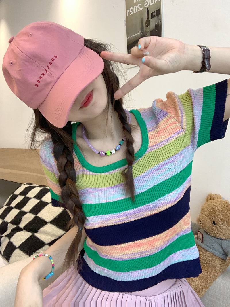 Striped knit cropped top, slim fit colorful tee, pastel summer shirt for girls, Korean sweet style fashion by OOTDAY