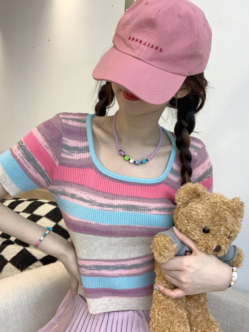 Striped knit cropped top, slim fit colorful tee, pastel summer shirt for girls, Korean sweet style fashion by OOTDAY