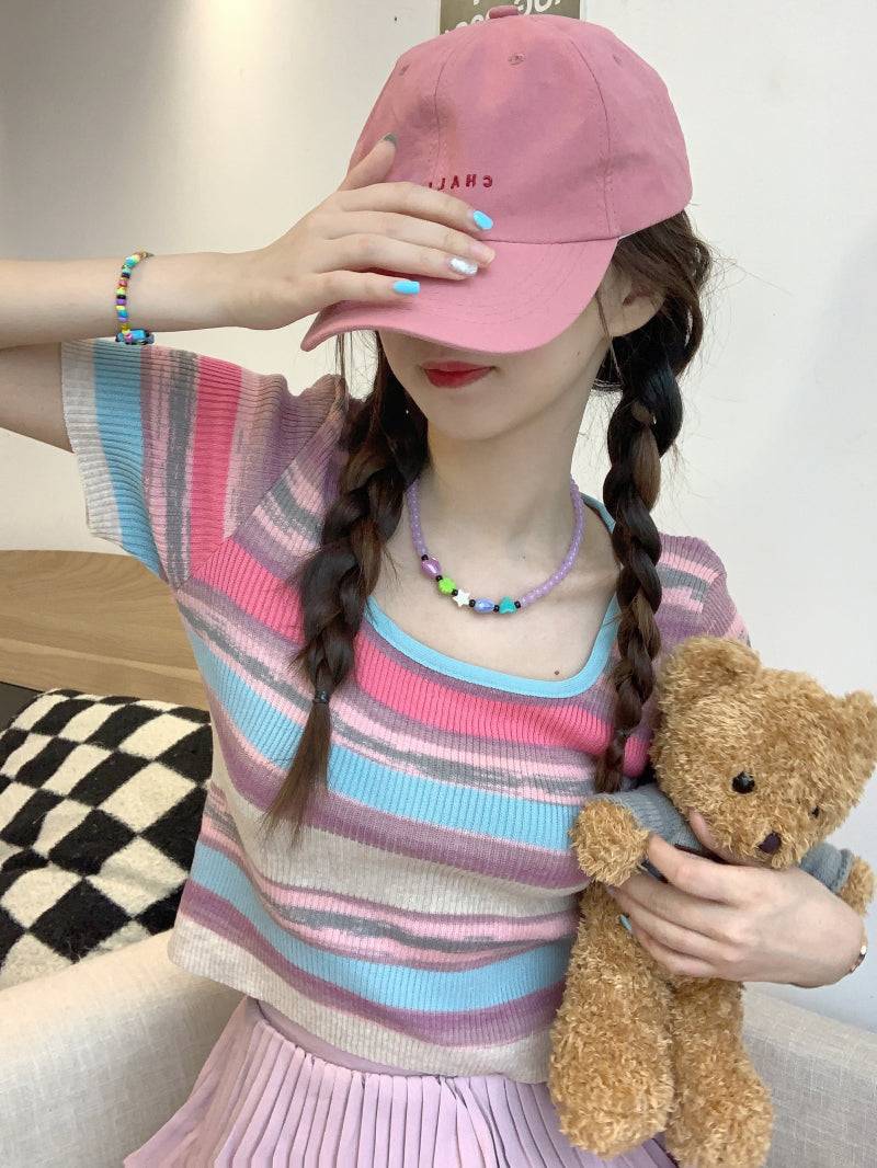 Striped knit cropped top, slim fit colorful tee, pastel summer shirt for girls, Korean sweet style fashion by OOTDAY