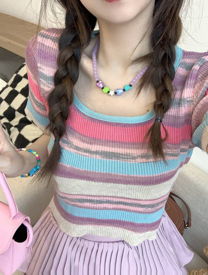 Striped knit cropped top, slim fit colorful tee, pastel summer shirt for girls, Korean sweet style fashion by OOTDAY