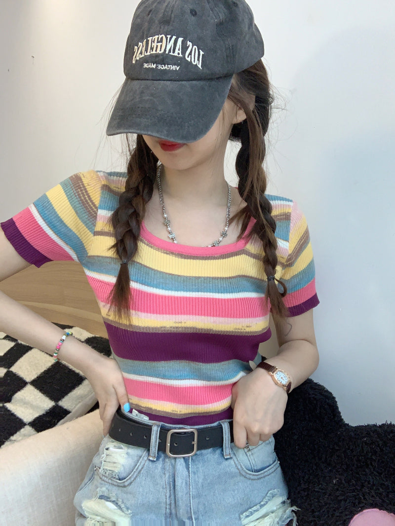 Striped knit cropped top, slim fit colorful tee, pastel summer shirt for girls, Korean sweet style fashion by OOTDAY