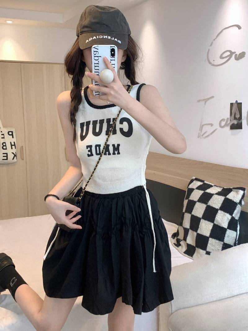 French layered ruffle skirt, high-waisted A-line mini skirt, cream and black skirt for petite girls, sweet preppy fashion by OOTDAY