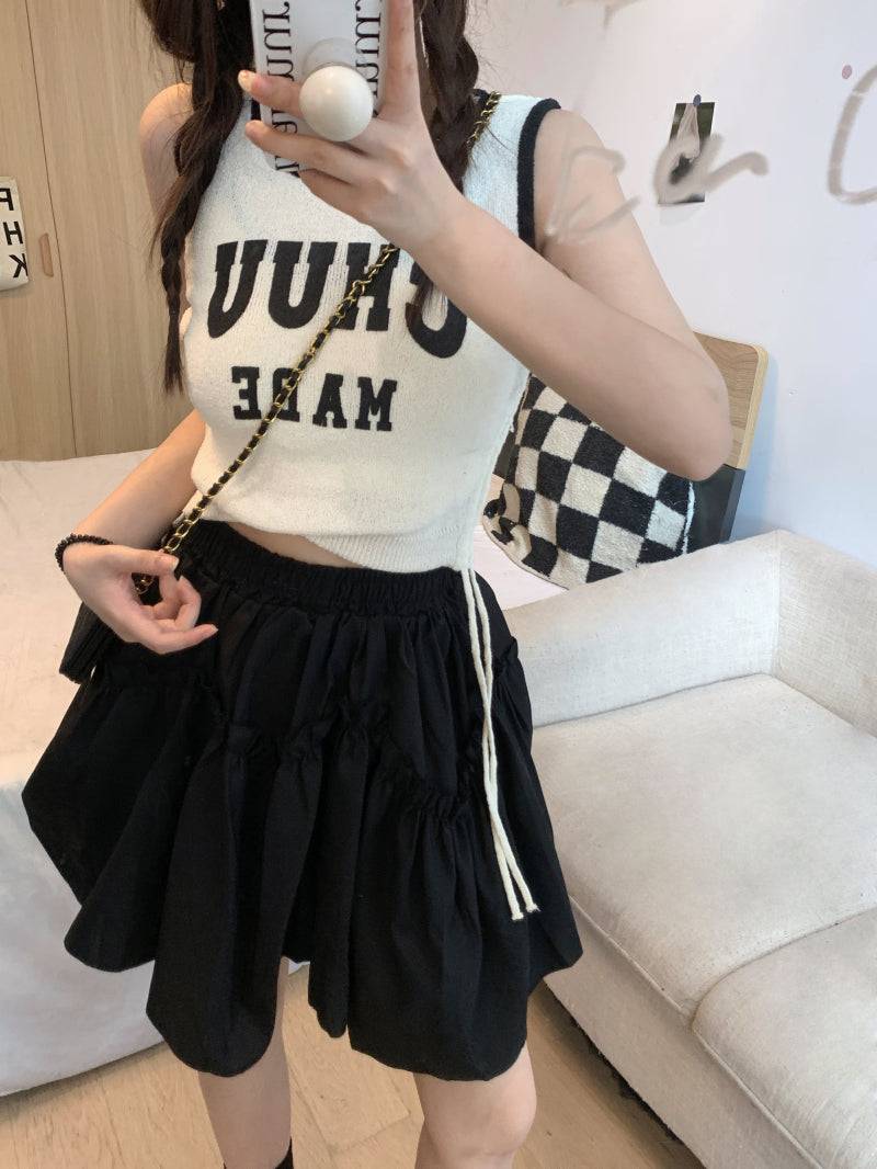 French layered ruffle skirt, high-waisted A-line mini skirt, cream and black skirt for petite girls, sweet preppy fashion by OOTDAY