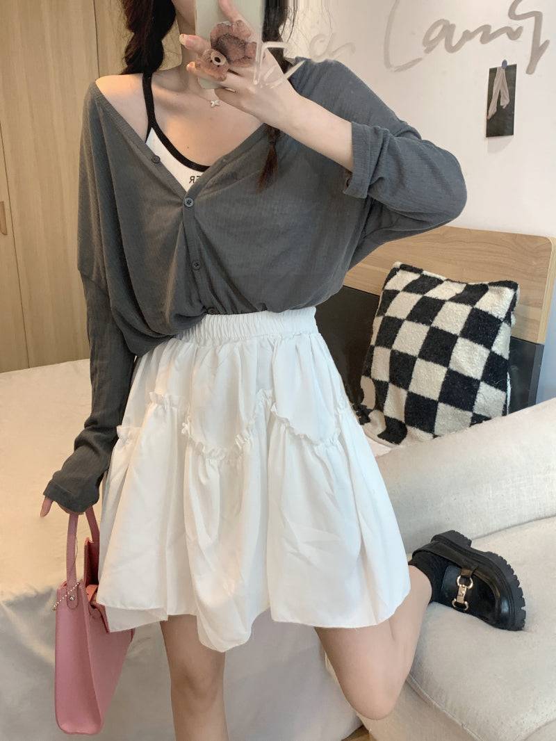 French layered ruffle skirt, high-waisted A-line mini skirt, cream and black skirt for petite girls, sweet preppy fashion by OOTDAY