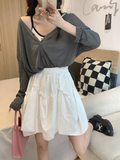 French layered ruffle skirt, high-waisted A-line mini skirt, cream and black skirt for petite girls, sweet preppy fashion by OOTDAY