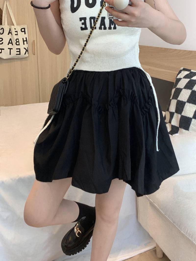 French layered ruffle skirt, high-waisted A-line mini skirt, cream and black skirt for petite girls, sweet preppy fashion by OOTDAY