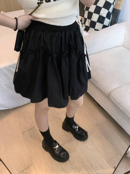 French layered ruffle skirt, high-waisted A-line mini skirt, cream and black skirt for petite girls, sweet preppy fashion by OOTDAY