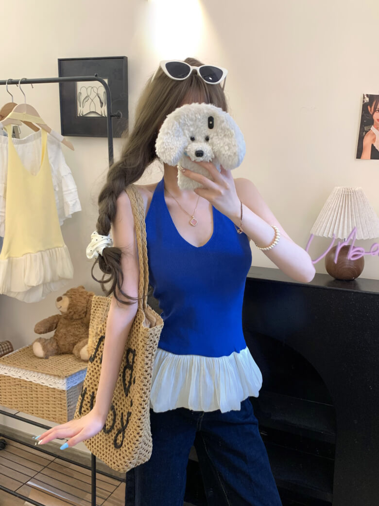 Slim Fit Halter Knit Tank, Puff Detail Top, OOTDAY Summer Sleeveless