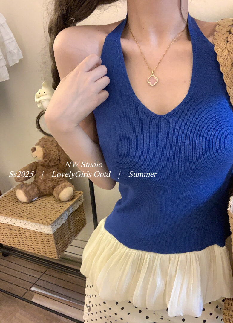 Slim Fit Halter Knit Tank, Puff Detail Top, OOTDAY Summer Sleeveless