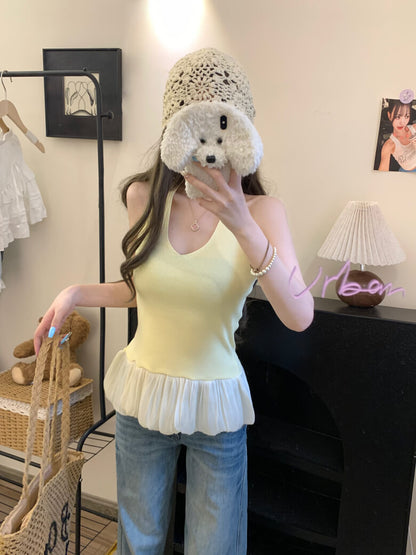 Slim Fit Halter Knit Tank, Puff Detail Top, OOTDAY Summer Sleeveless