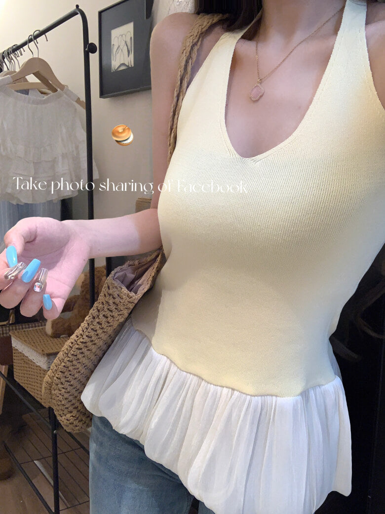 Slim Fit Halter Knit Tank, Puff Detail Top, OOTDAY Summer Sleeveless