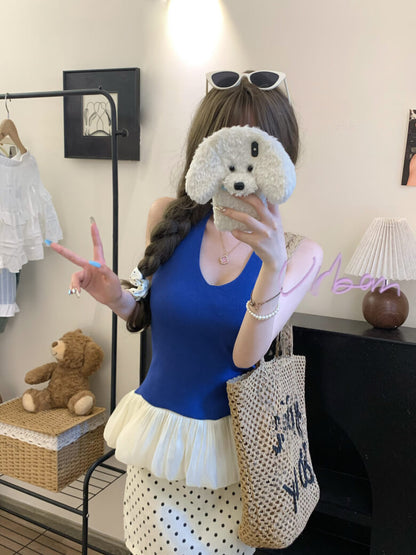 Slim Fit Halter Knit Tank, Puff Detail Top, OOTDAY Summer Sleeveless