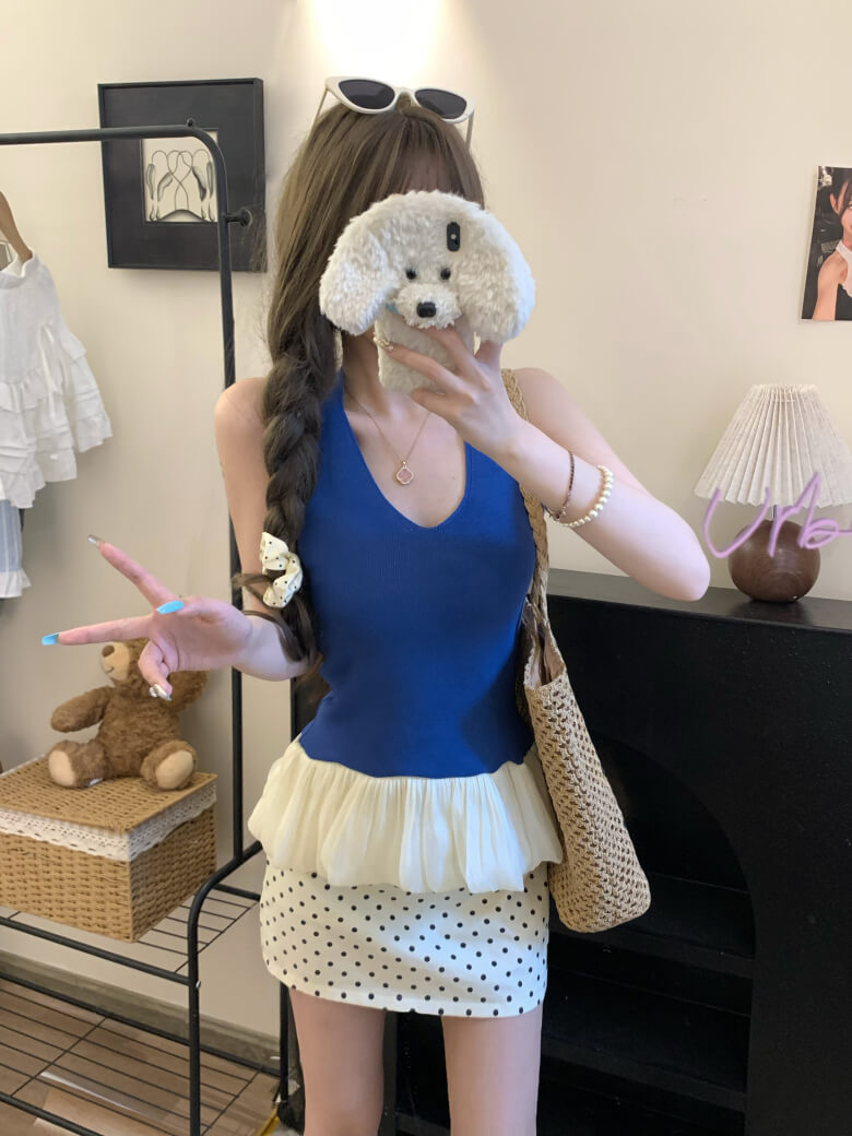 Slim Fit Halter Knit Tank, Puff Detail Top, OOTDAY Summer Sleeveless