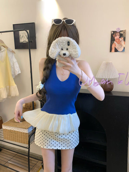 Slim Fit Halter Knit Tank, Puff Detail Top, OOTDAY Summer Sleeveless
