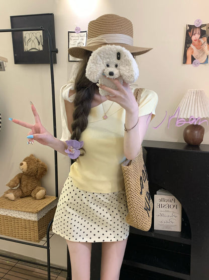 asymmetrical bow off-shoulder tee summer cute girl outfit