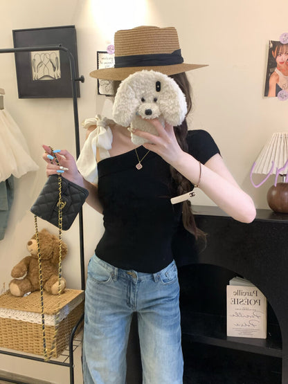 asymmetrical bow off-shoulder tee summer cute girl outfit