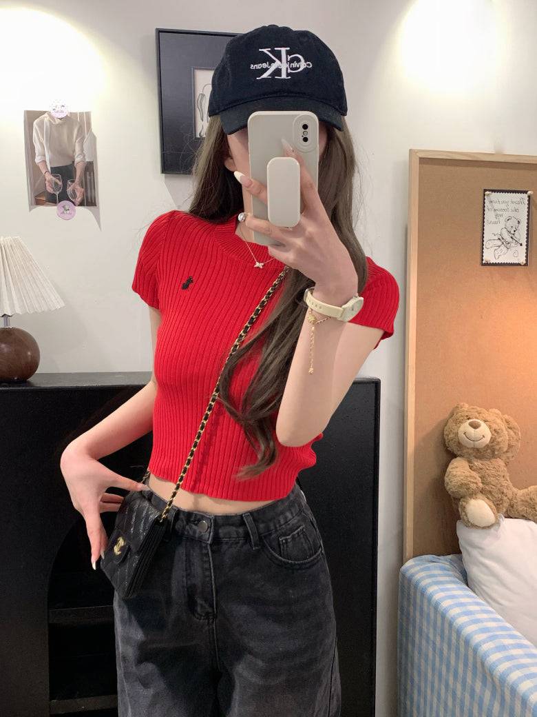 OOTDAY embroidered knit t-shirt, slim fit summer tee for women, sweet soft cotton top, breathable short sleeve knitwear, vintage style summer tee