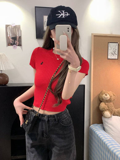 OOTDAY embroidered knit t-shirt, slim fit summer tee for women, sweet soft cotton top, breathable short sleeve knitwear, vintage style summer tee