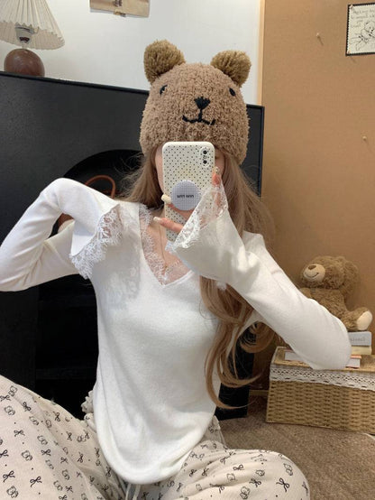 French lace knit top, V-neck pullover for girls, slim fit base layer, soft girl sweater spring, OOTDAY fashion