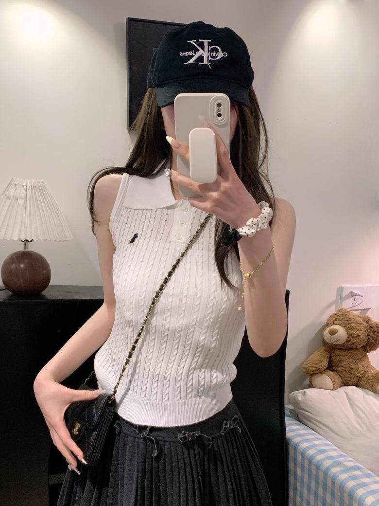 OOTDAY polo knit tank top, striped ice silk sleeveless top, breathable slim knitwear, summer tank for women, versatile knit vest with collar