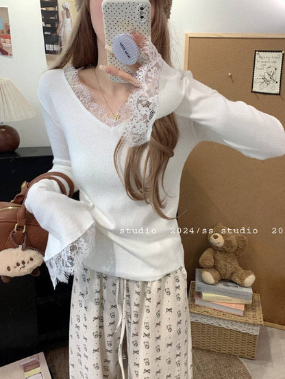 French lace knit top, V-neck pullover for girls, slim fit base layer, soft girl sweater spring, OOTDAY fashion