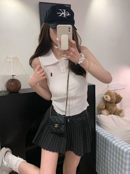 OOTDAY polo knit tank top, striped ice silk sleeveless top, breathable slim knitwear, summer tank for women, versatile knit vest with collar