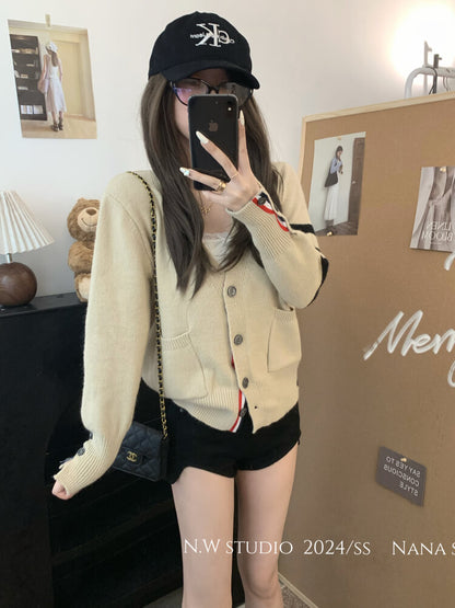 OOTDAY vintage knit cardigan, khaki striped sweater, oversized knit jacket, loose fit fall cardigan, sweet streetwear cardigan