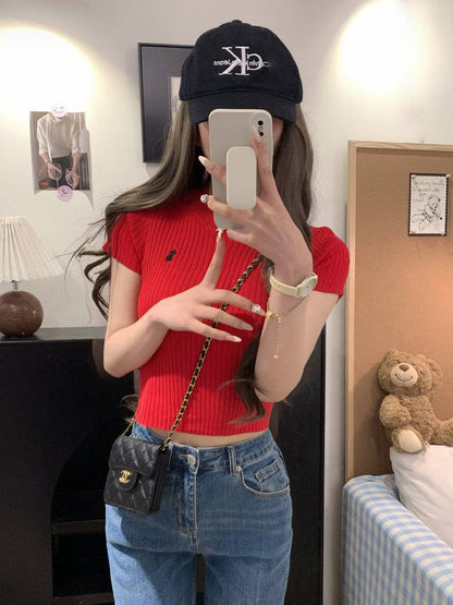 OOTDAY embroidered knit t-shirt, slim fit summer tee for women, sweet soft cotton top, breathable short sleeve knitwear, vintage style summer tee