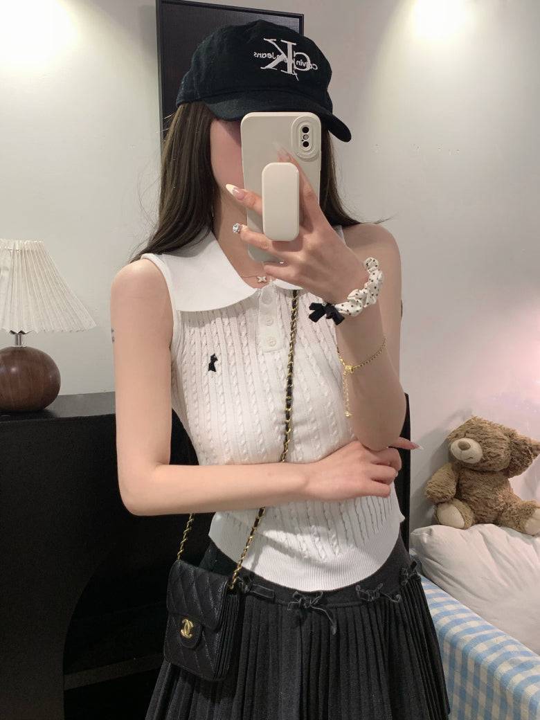 OOTDAY polo knit tank top, striped ice silk sleeveless top, breathable slim knitwear, summer tank for women, versatile knit vest with collar