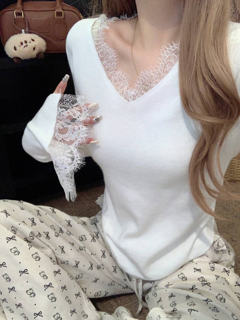 French lace knit top, V-neck pullover for girls, slim fit base layer, soft girl sweater spring, OOTDAY fashion