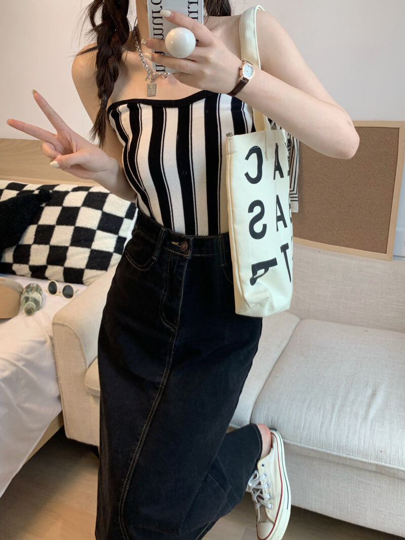 Back slit denim midi skirt, Korean slim fit high waist jean skirt