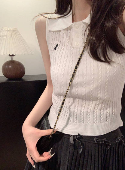 OOTDAY polo knit tank top, striped ice silk sleeveless top, breathable slim knitwear, summer tank for women, versatile knit vest with collar